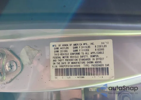 2012 Honda Accord Sdn 2.4 Ex-L/Ex-L из США, поврежденный, VIN 1HGCP2F81CA144948